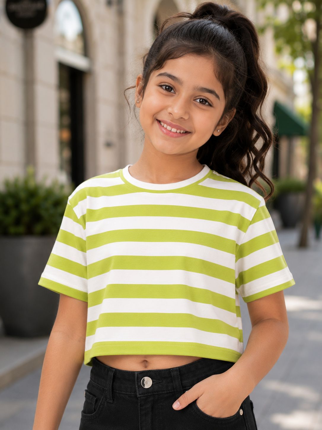 Kidello Girls Cotton Crop Top | Lime Green & White Striped Half Sleeve T-Shirt | Casual Summer Top