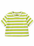 Kidello Girls Cotton Crop Top | Lime Green & White Striped Half Sleeve T-Shirt | Casual Summer Top