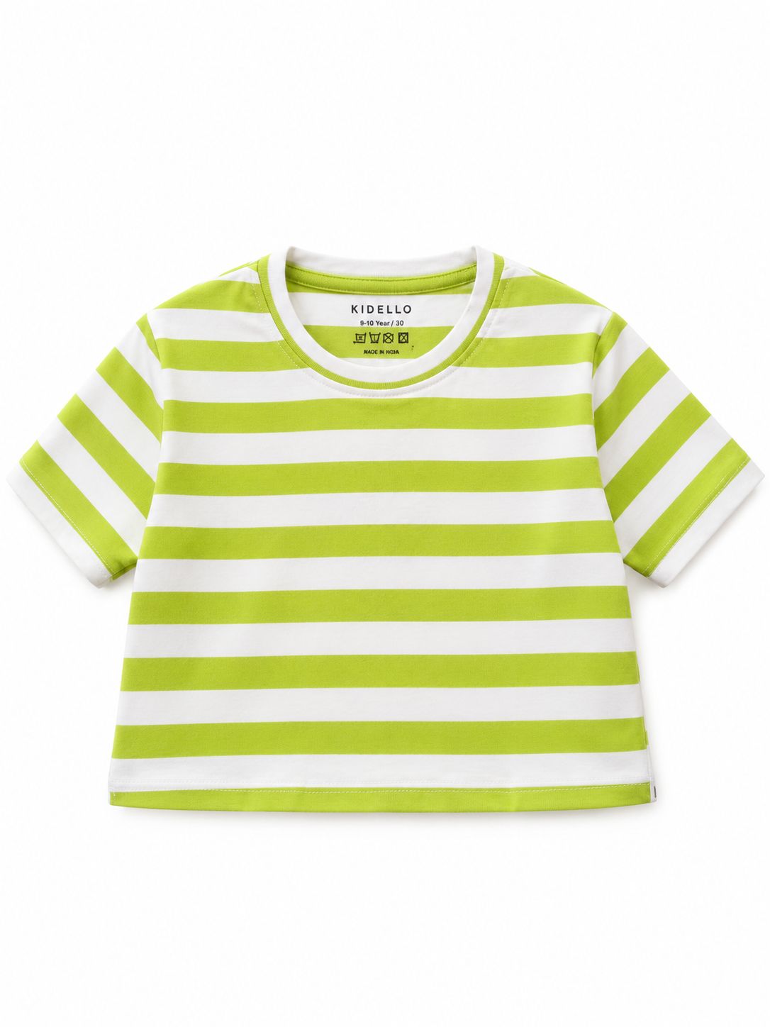 Kidello Girls Cotton Crop Top | Lime Green & White Striped Half Sleeve T-Shirt | Casual Summer Top