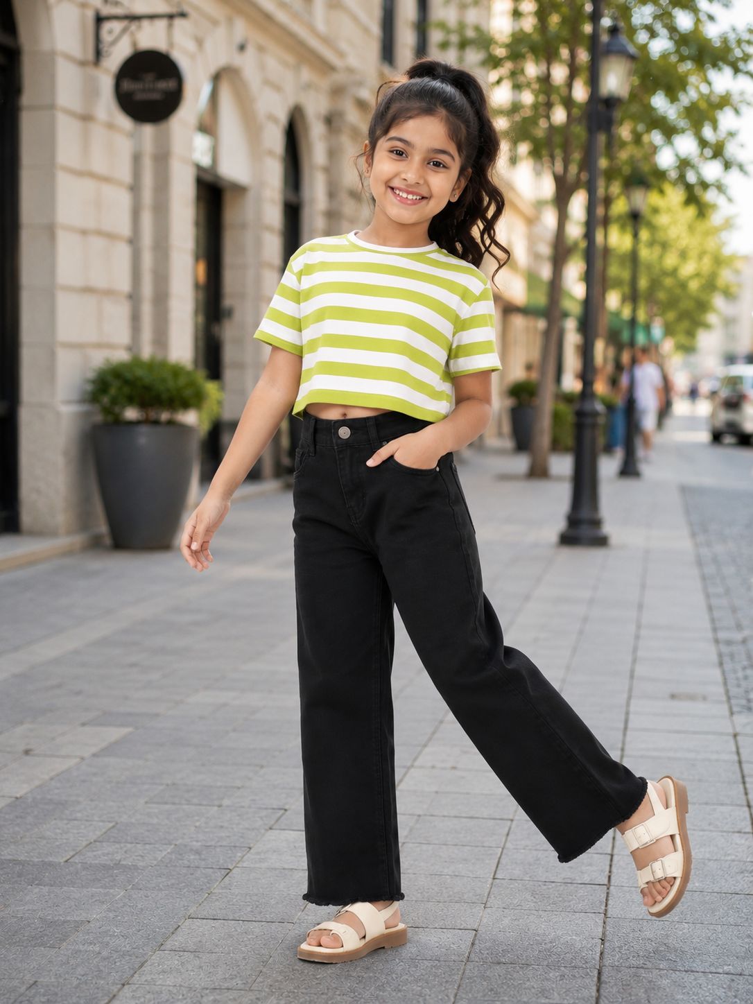 Kidello Girls Cotton Crop Top | Lime Green & White Striped Half Sleeve T-Shirt | Casual Summer Top