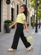 Kidello Girls Cotton Crop Top | Lime Green & White Striped Half Sleeve T-Shirt | Casual Summer Top