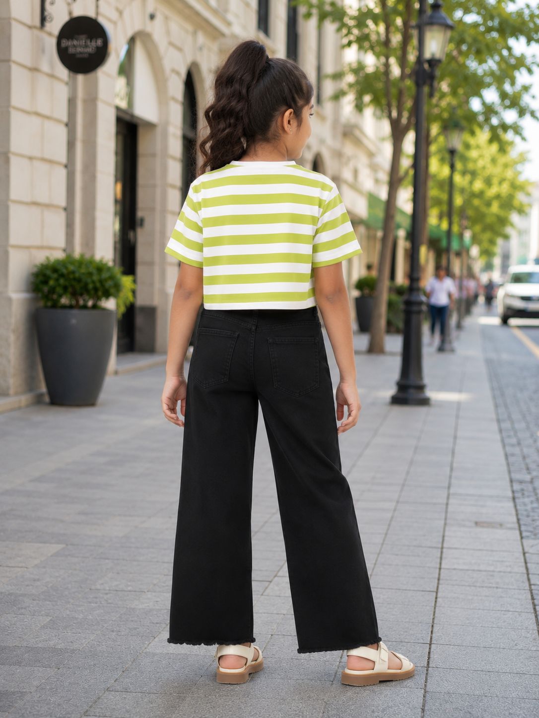 Kidello Girls Cotton Crop Top | Lime Green & White Striped Half Sleeve T-Shirt | Casual Summer Top