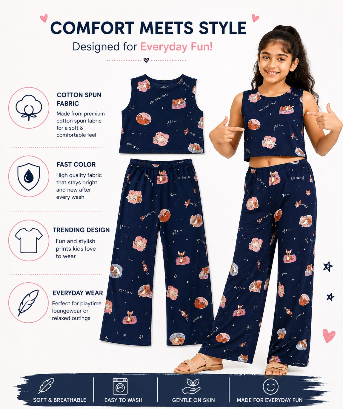 Kidello Girls Printed Spun Crop Top & Wide leg Palazzo Co-ord Set