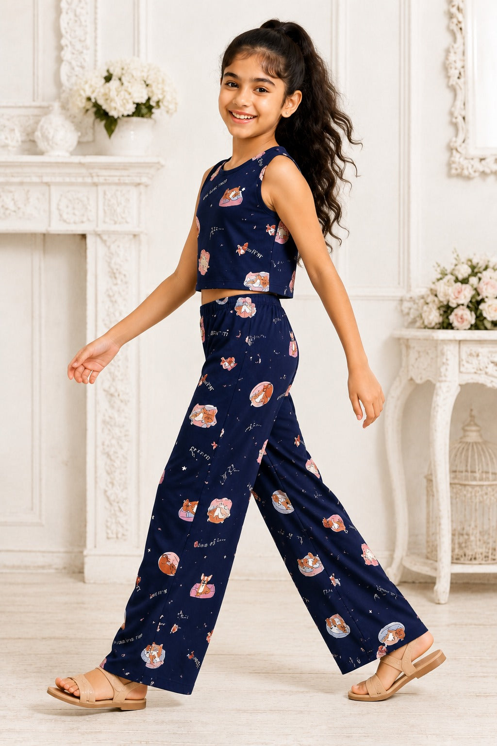 Kidello Girls Printed Spun Crop Top & Wide leg Palazzo Co-ord Set